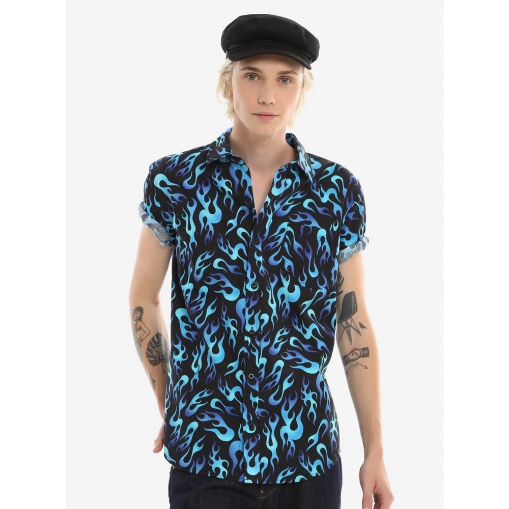 Hot Topic XXX RUDE Blue Flames Short-Sleeved Woven Button-Up Shirt